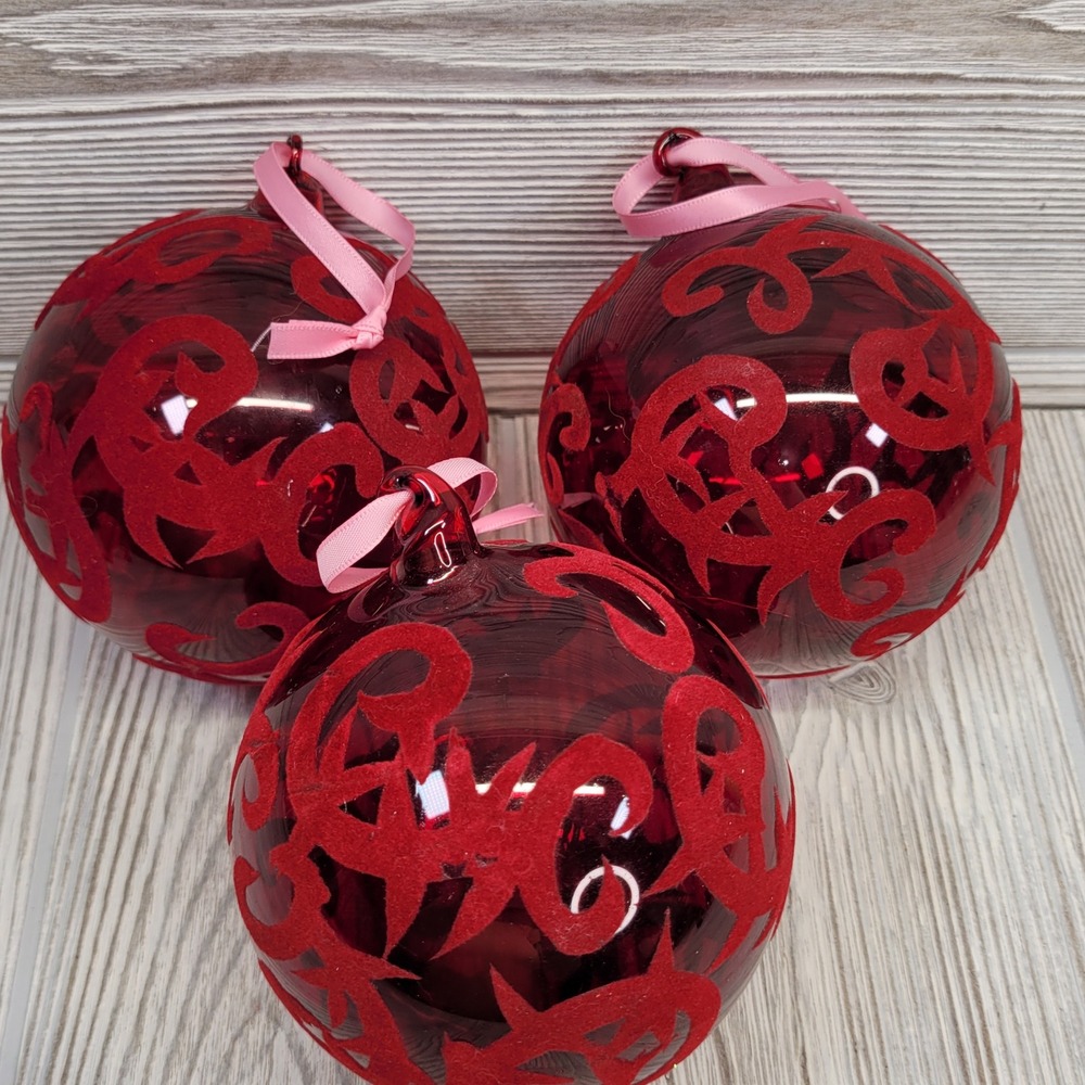 3 Red Glass Christmas Tree Ornament Velvet Flocked Scroll Design‎ Hand Blown Art